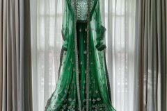 edles grünes henna-kleid an einer schaufensterpuppe auf weißem hintergrund Job ID: 0e027a69-c49f-43f2-ad20-2556ee9458fb