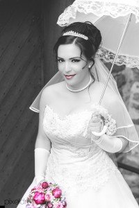 Braut-Huebsch-Brautkleid-Brautschirm-Diadem-Brautschleier-Schwarzweiss-Key-Brautstrauss-Pink