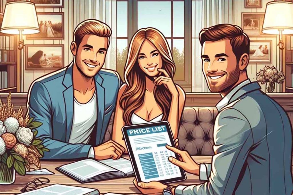 Vektor-Illustration eines jungen Paares, das mit einem Hochzeitsfotografen am Tisch sitzt und die Preise für Hochzeitsfotografie bespricht.