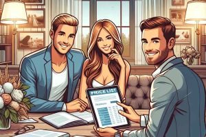 Vektor-Illustration eines jungen Paares, das mit einem Hochzeitsfotografen am Tisch sitzt und die Preise für Hochzeitsfotografie bespricht.