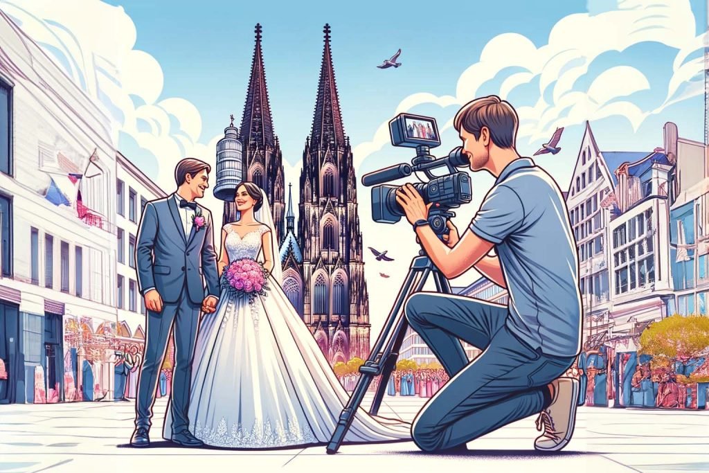 Hochzeitsvideograf Koeln Hochzeitsfograf filmt Brautpaar vor dem Kölner Dom