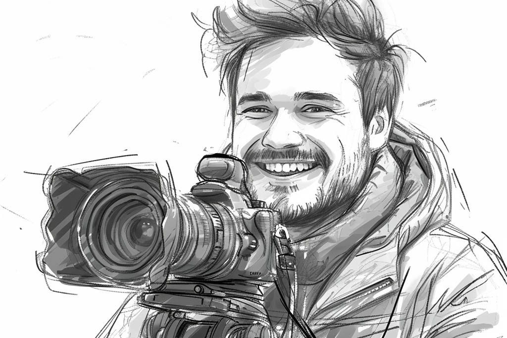 Handzeichnung Skizze eines Hochzeitsvideographen mit seiner Kamera