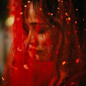 Henna-Nacht-Zeremonie einer weinenden türkischen Braut in einem roten Henna-Kleid. Ihr Gesicht ist hinter dem Tüll versteckt. Unschärfe dunkles Bokeh im Hintergrund.
