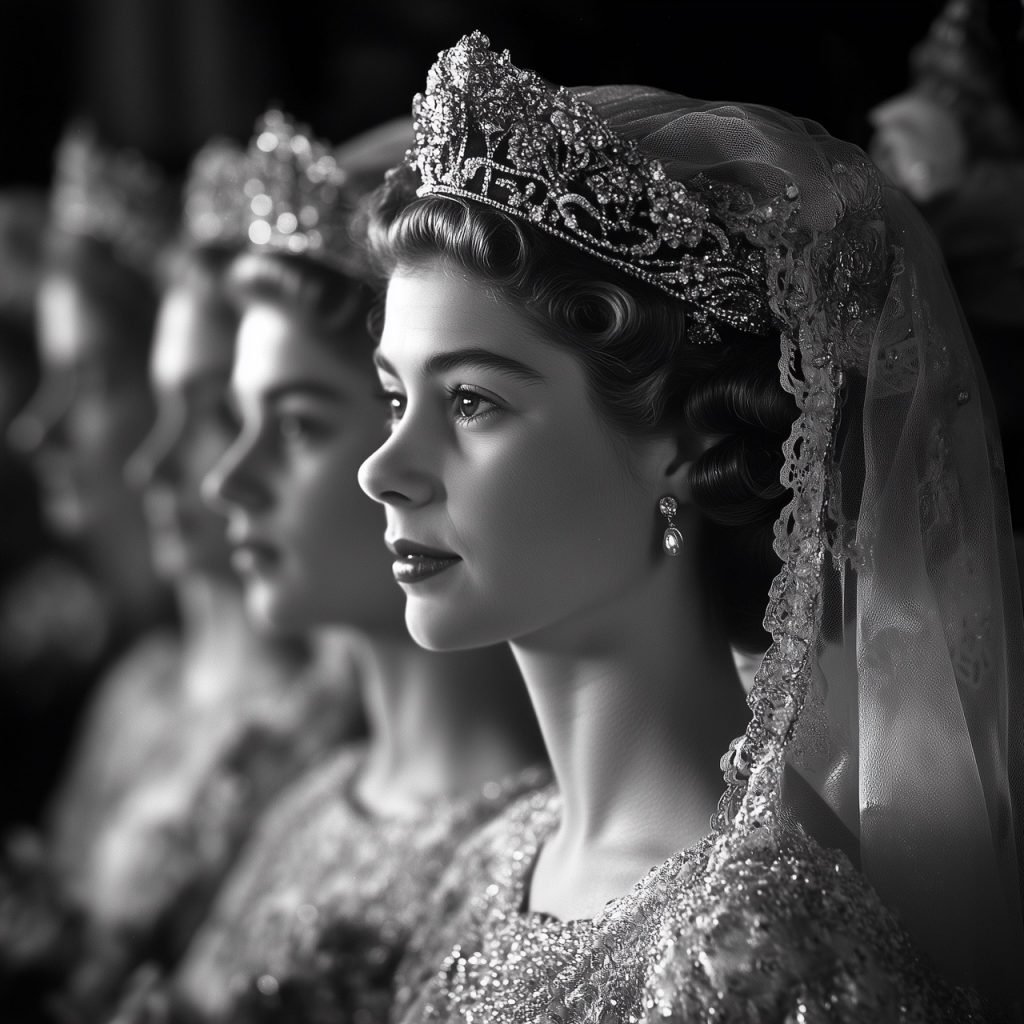 Porträt einer jungen Braut, ähnlich Queen Elizabeth, im Profil und ähnlich einem Hochzeitsfoto Queen Elizabeth. Mit Diadem, besticktem Schleier und detailliertem Brautkleid, während im Hintergrund royale Figuren erscheinen.