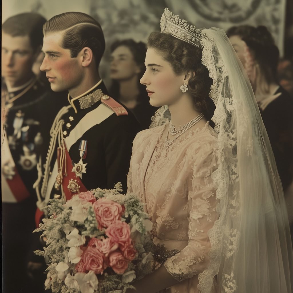 Ein junges königliches Brautpaar in einer Zeremonie mit aufwändigem Blumenstrauß. Der Bräutigam trägt eine mit Orden besetzte Uniform, die Braut ein Diadem mit Schleier.