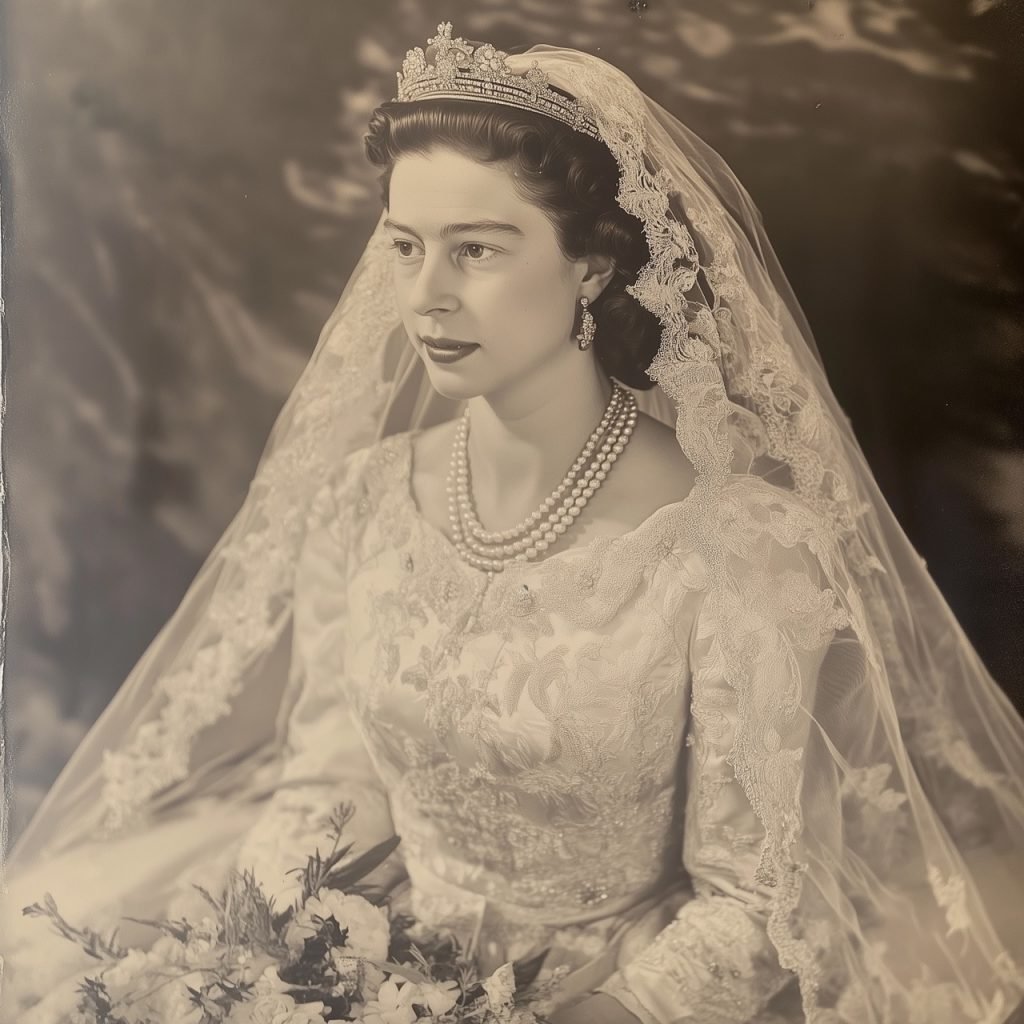 Hochzeitsfoto Queen Elizabeth in Sepia, das die junge Braut sitzend zeigt, wie sie leicht zur Seite blickt. Sie trägt ein königliches Diadem, Perlenschmuck und einen eleganten Brautstrauß.